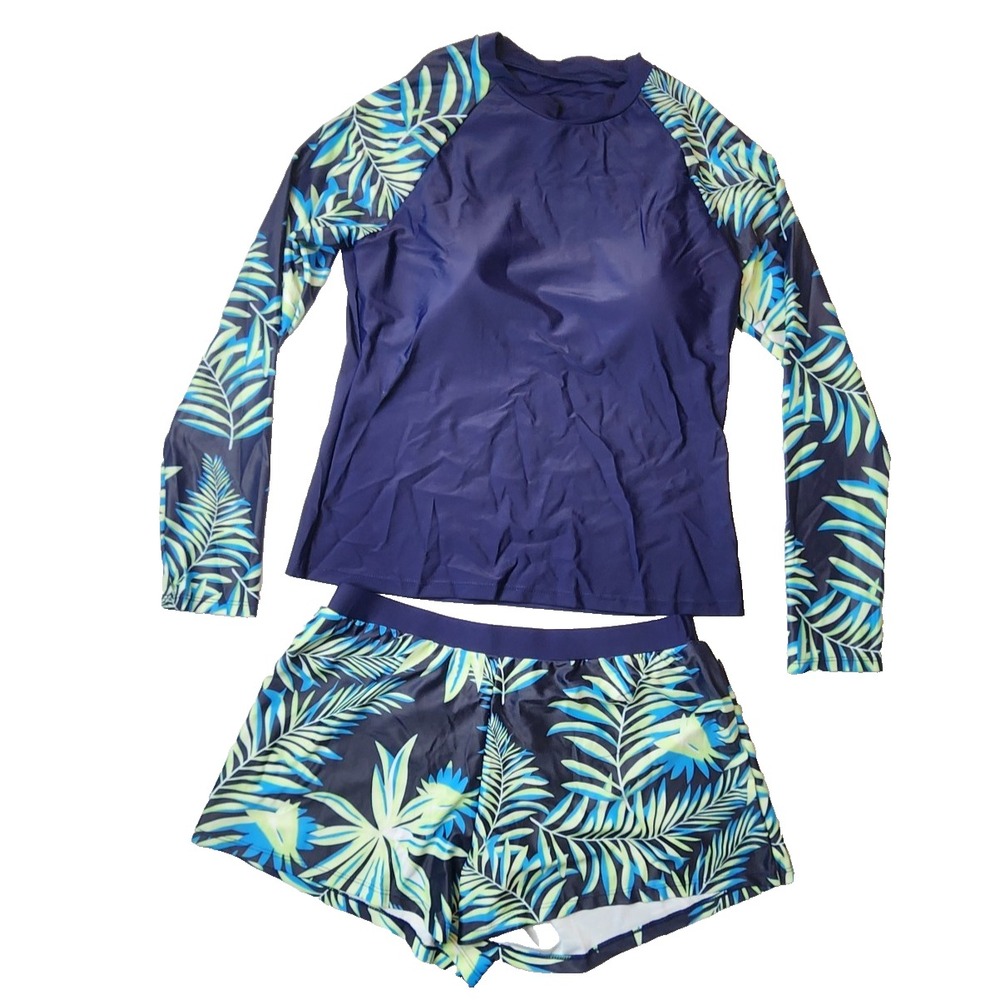 Tropical Floral Long Sleeve Rash Guard Swim Set Top Built-in Bra Shorts Size XL